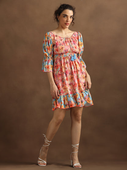 Pink & Blue Floral Print Short A-Line Dress