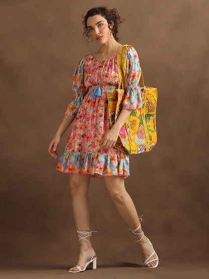 Pink & Blue Floral Print Short A-Line Dress