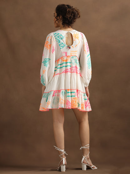 Neon Print Off-White Short Dress