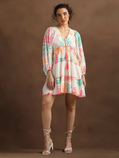 Neon Print Off-White Short Dress