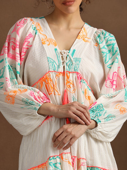 Neon Print Off-White Short Dress