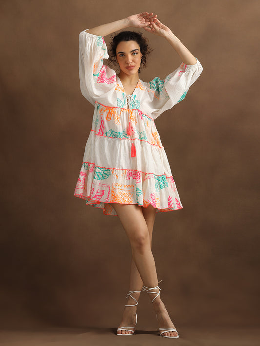 Neon Print Off-White Short Dress