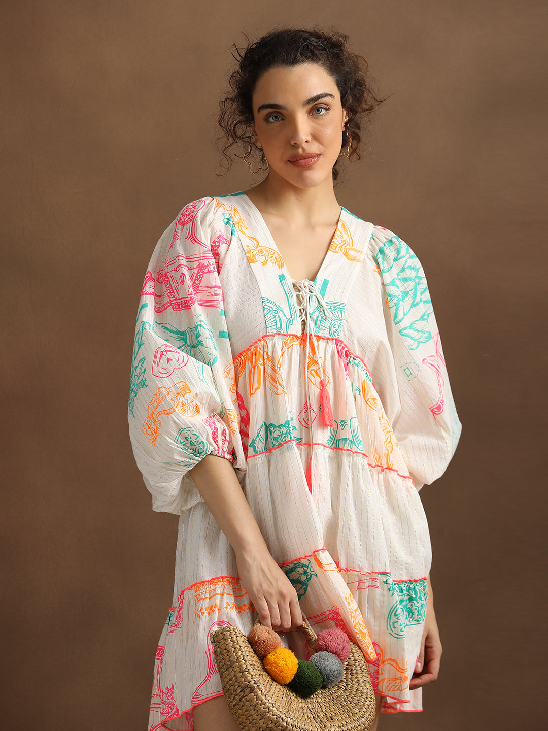 Neon Print Off-White Short Dress