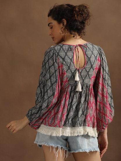 Pink & Grey Leaf Print Top