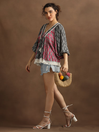Pink & Grey Leaf Print Top